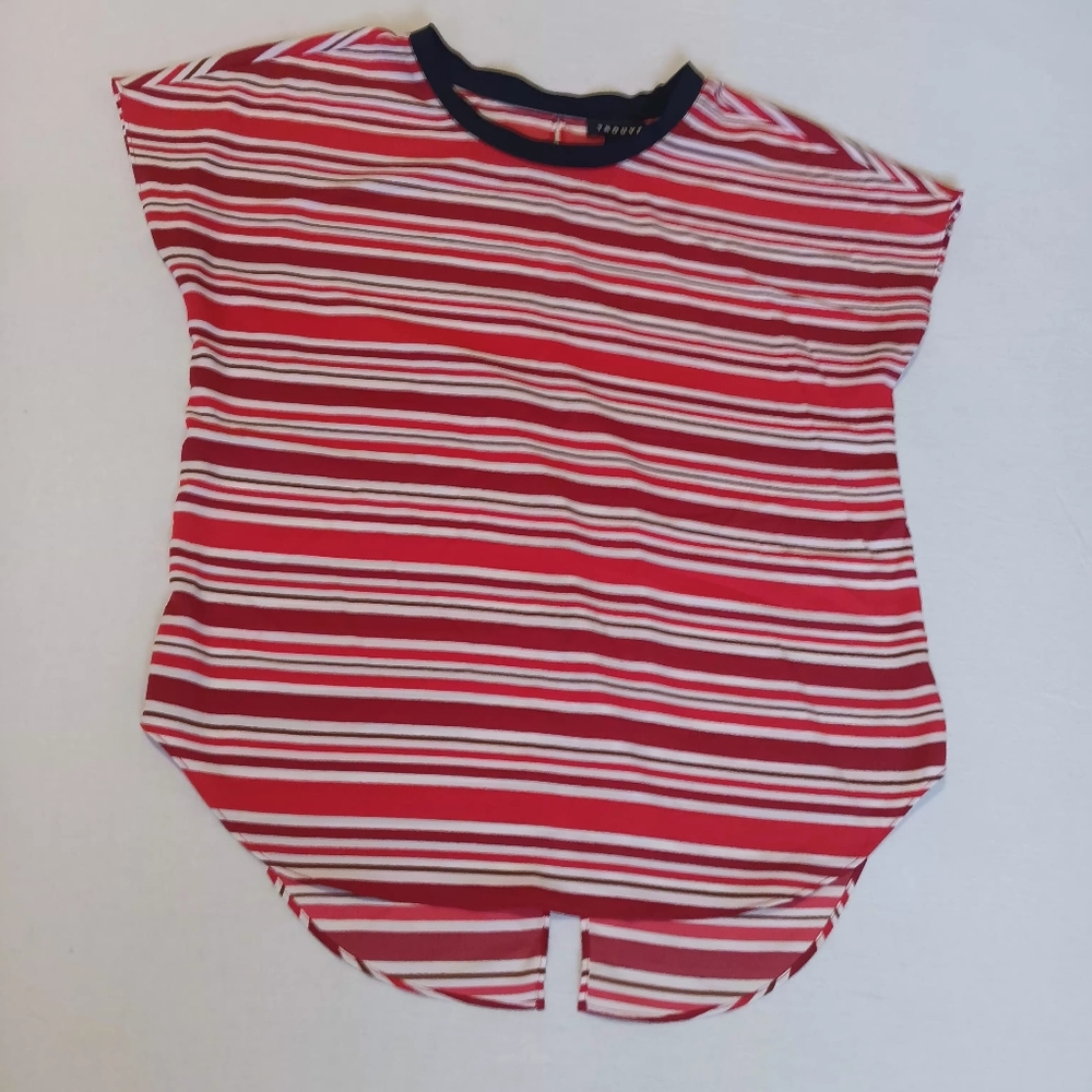 Trouve XS Red White Striped Cap Sleeve Top High Low Scoop Hem Lightweight Tee